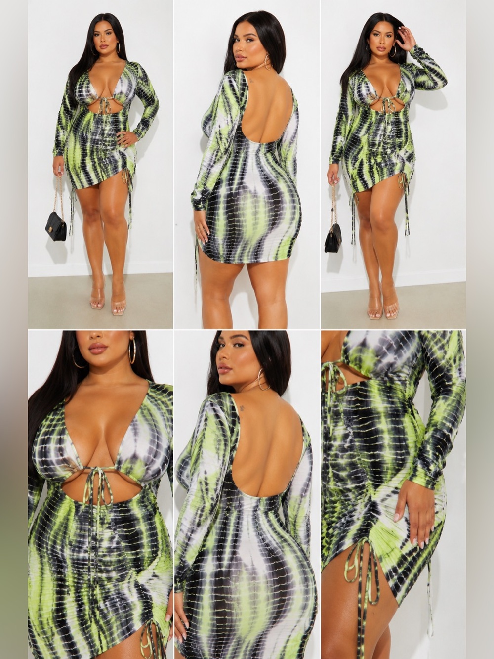 Fashion Nova Green Tie Dye Ruched Cut Out Backless Bodycon Mini Dress Size L NWT